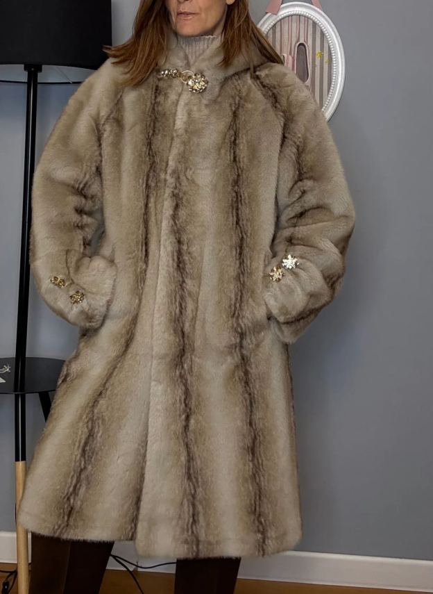 Luxury Gradient Brown Faux Fur Coat with Crystal Embellishments