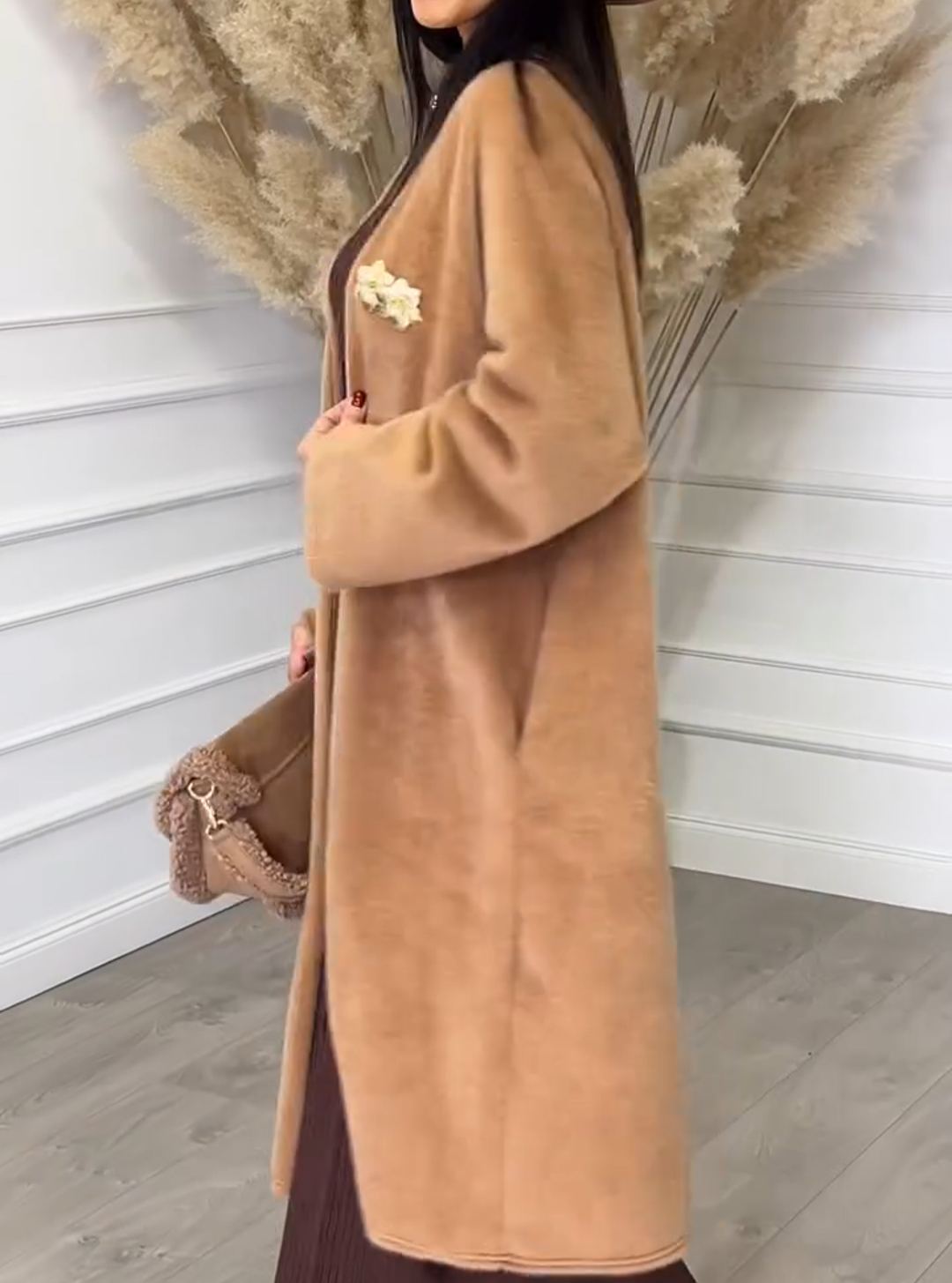 Light Luxury Decorative Camel Faux Fur Long Coat