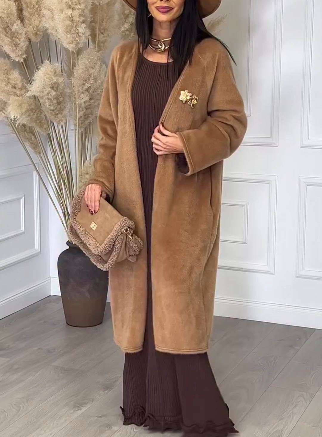 Light Luxury Decorative Camel Faux Fur Long Coat