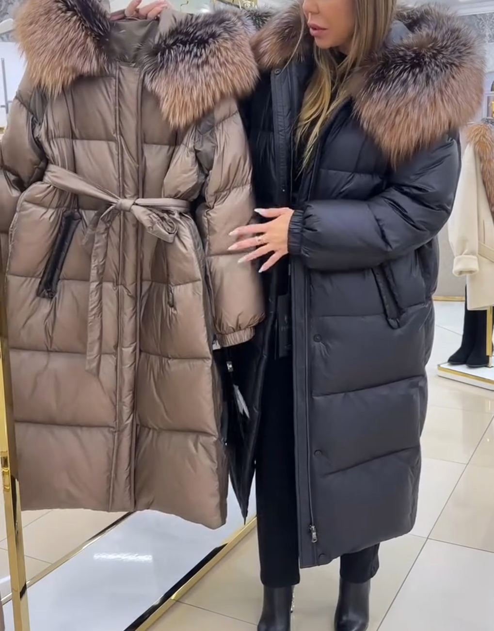 Luxury Warm Full-Length Black Puffer Coat with Faux Fur Hood