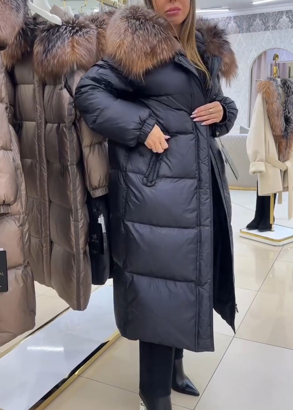 Luxury Warm Full-Length Black Puffer Coat with Faux Fur Hood