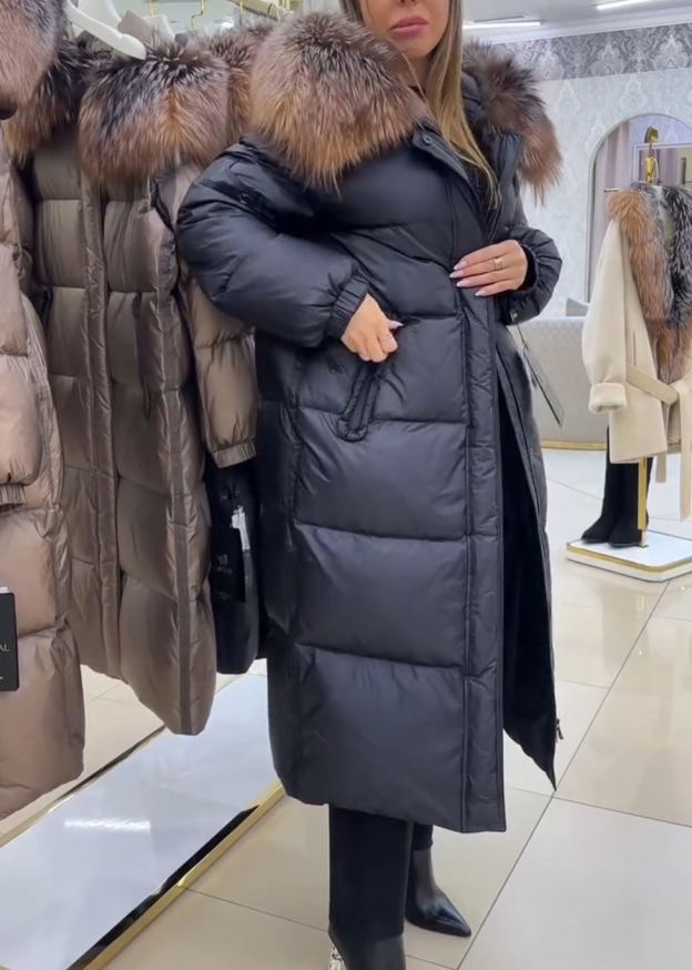 Luxury Warm Full-Length Black Puffer Coat with Faux Fur Hood