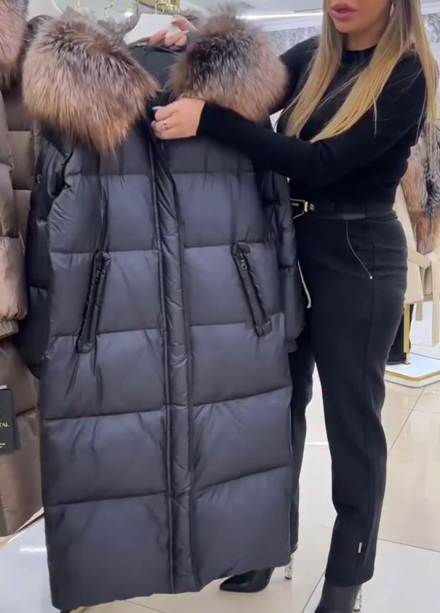 Luxury Warm Full-Length Black Puffer Coat with Faux Fur Hood