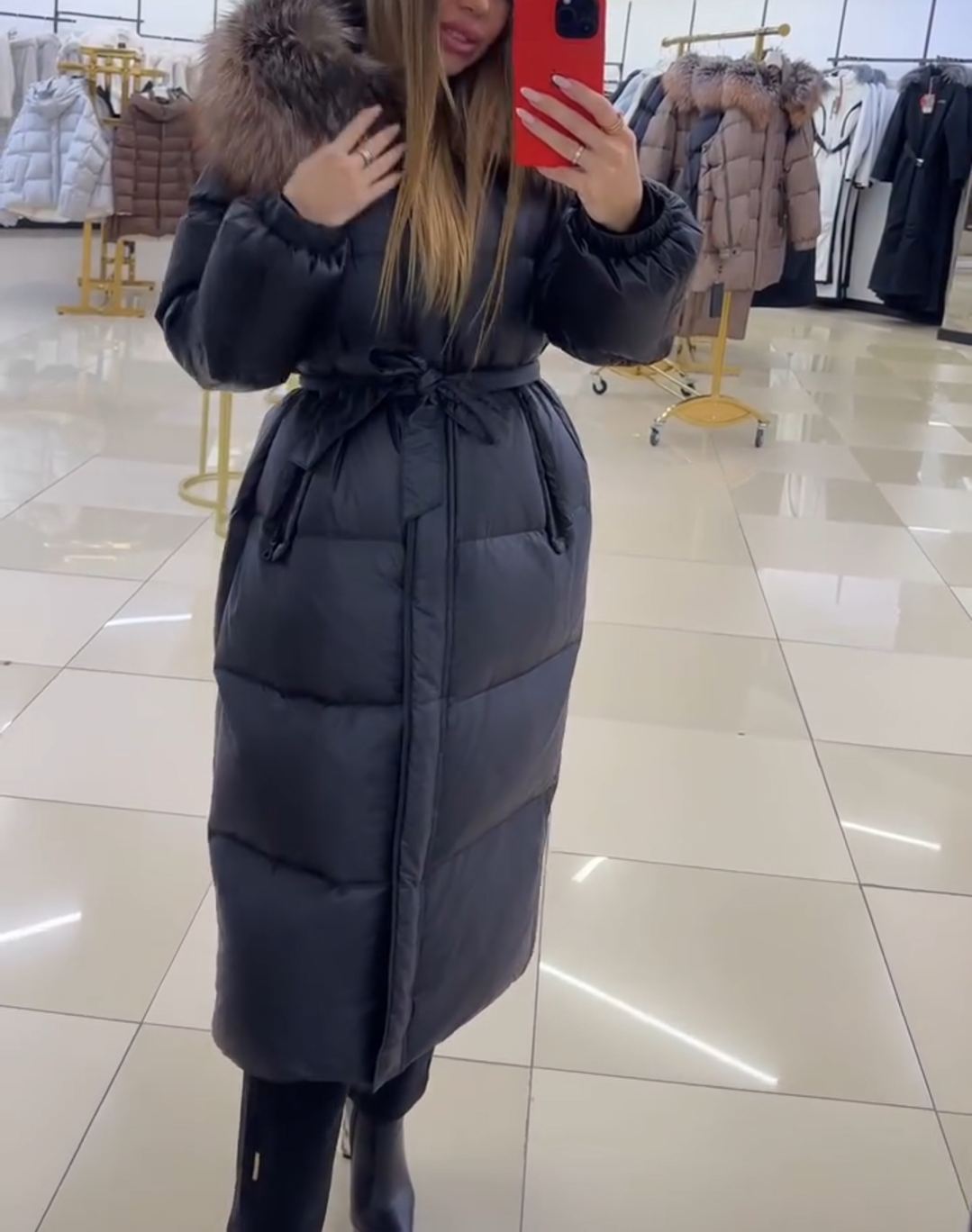 Luxury Warm Full-Length Black Puffer Coat with Faux Fur Hood