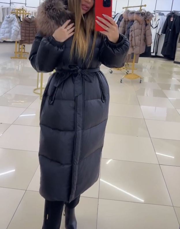 Luxury Warm Full-Length Black Puffer Coat with Faux Fur Hood