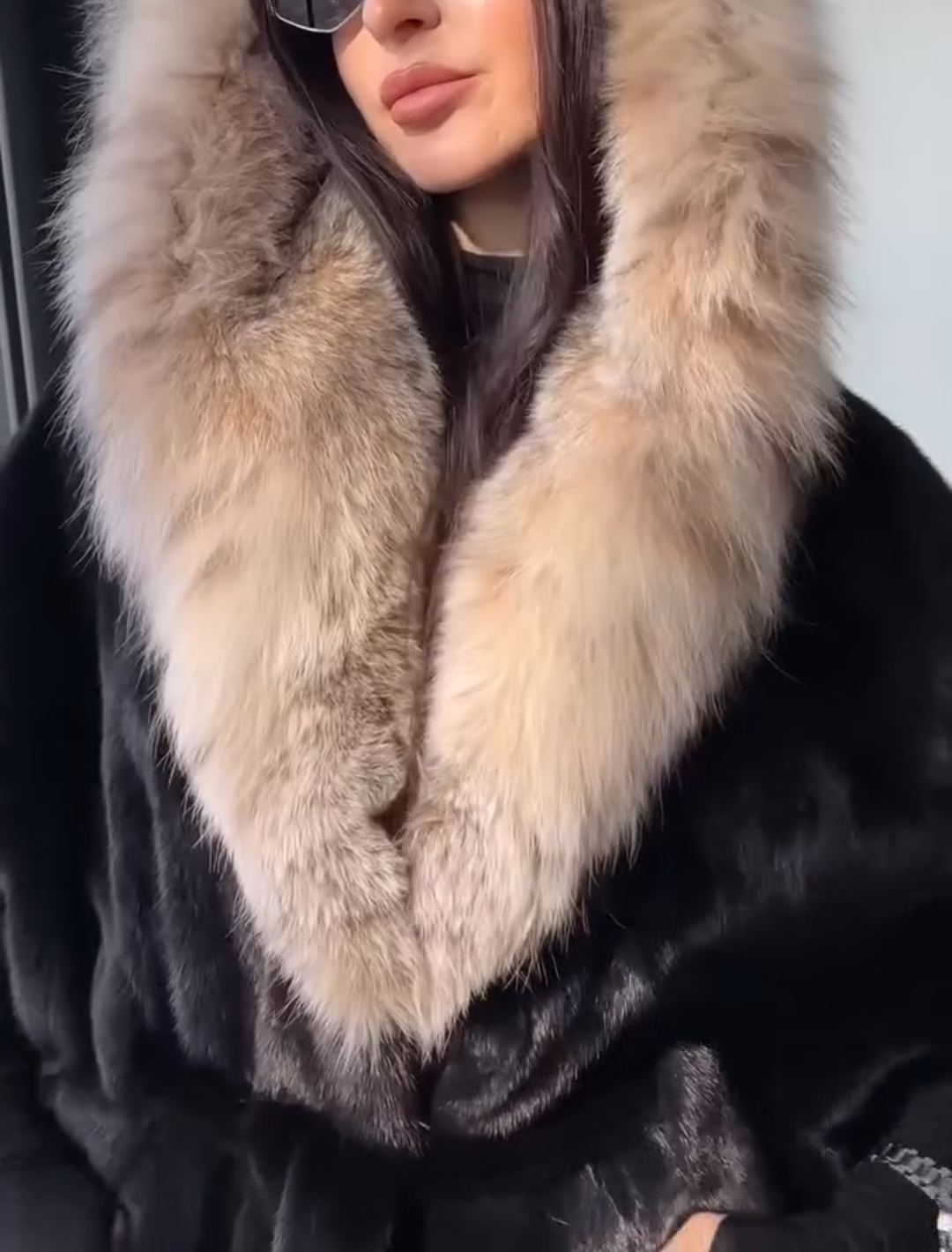 Contrast-Hood Luxury Warm Black Faux Fur Coat