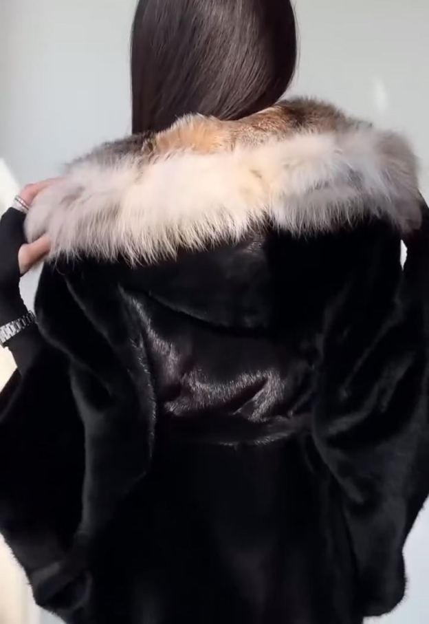 Contrast-Hood Luxury Warm Black Faux Fur Coat
