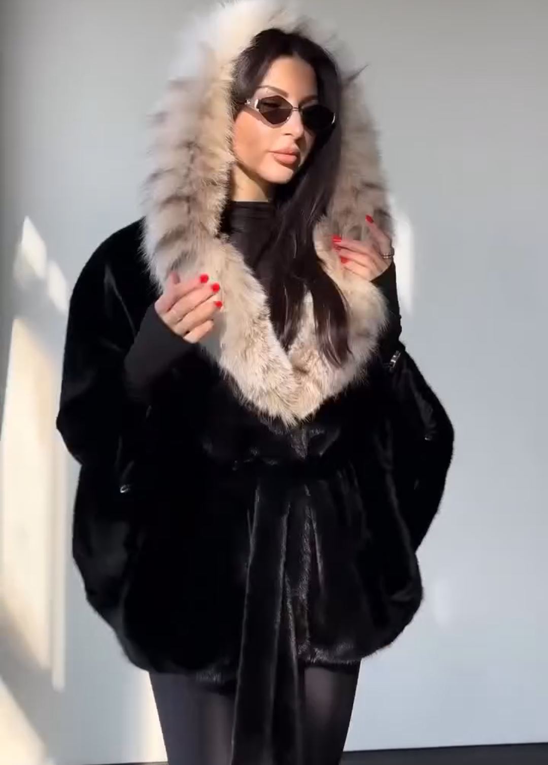 Contrast-Hood Luxury Warm Black Faux Fur Coat