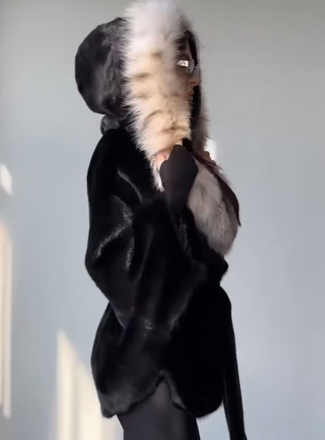 Contrast-Hood Luxury Warm Black Faux Fur Coat