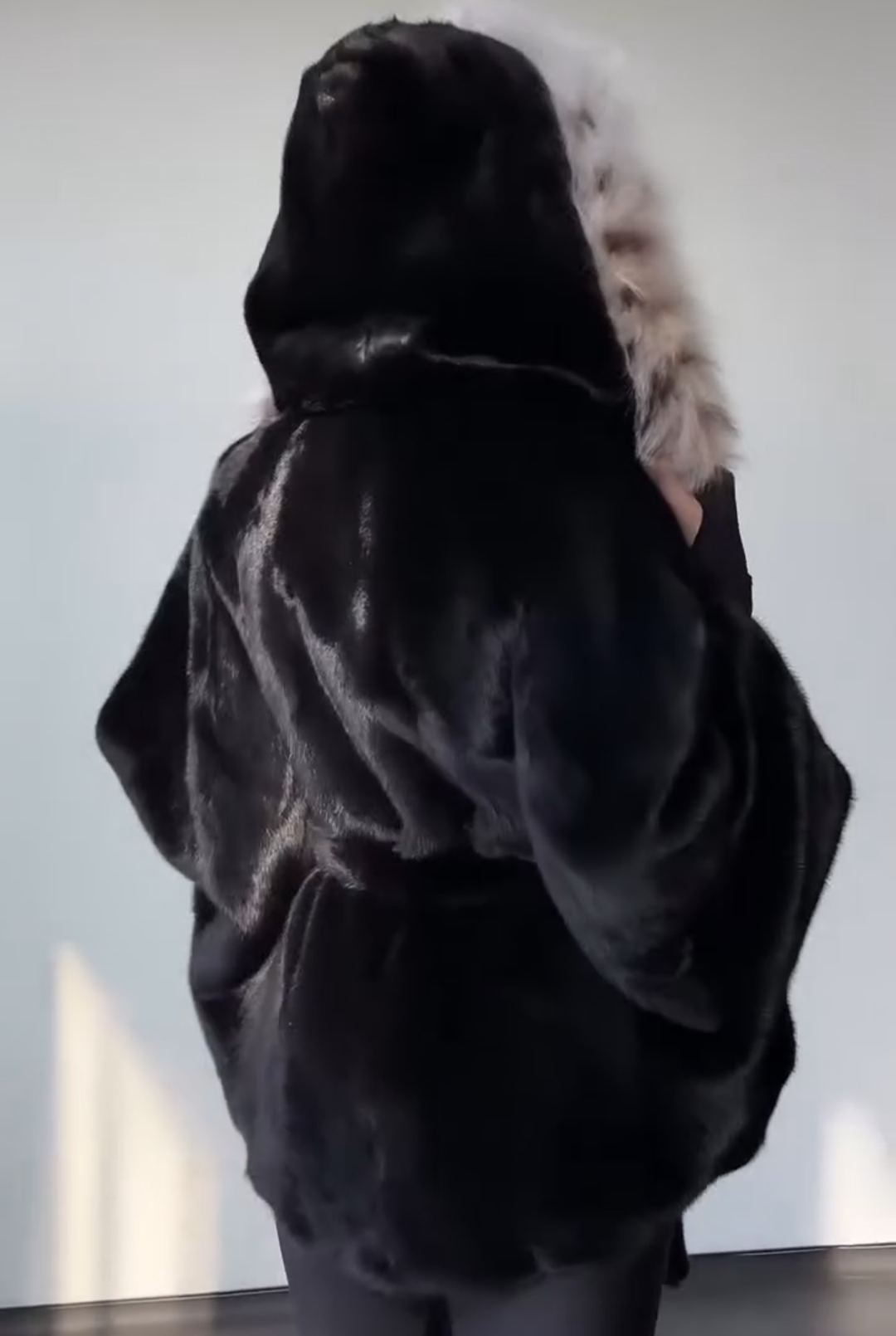 Contrast-Hood Luxury Warm Black Faux Fur Coat