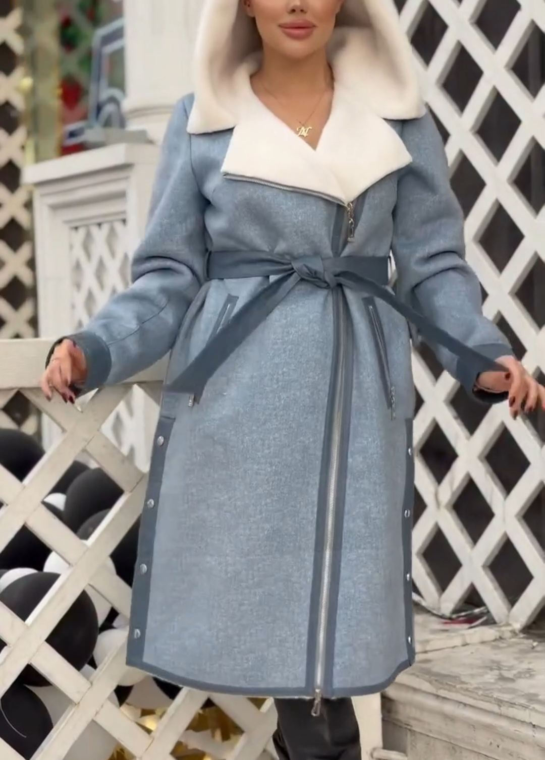 Fashion Waist-Tie Light Blue Long Coat