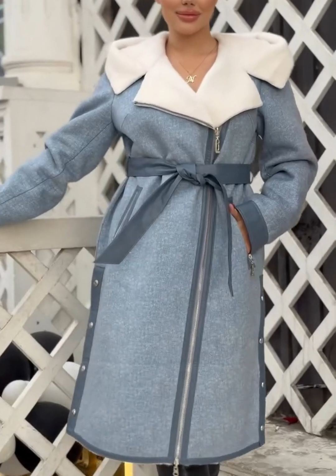 Fashion Waist-Tie Light Blue Long Coat