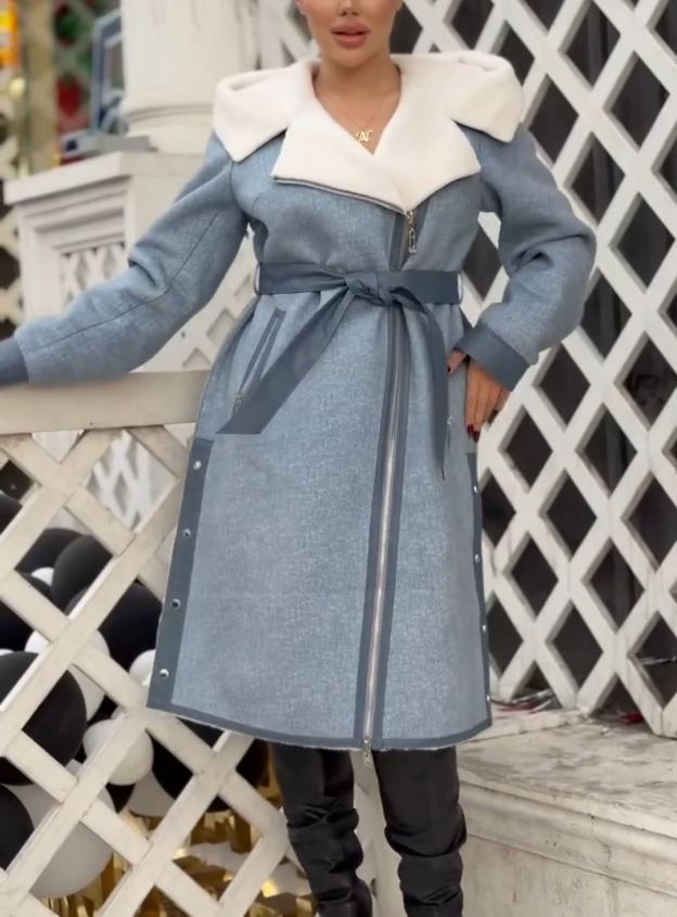 Fashion Waist-Tie Light Blue Long Coat