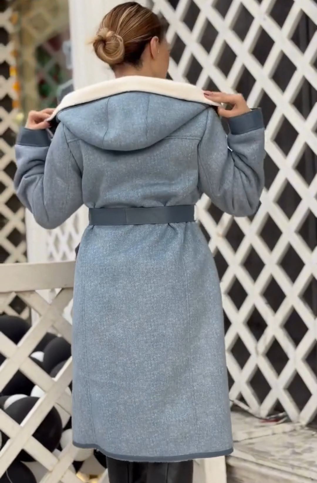 Fashion Waist-Tie Light Blue Long Coat