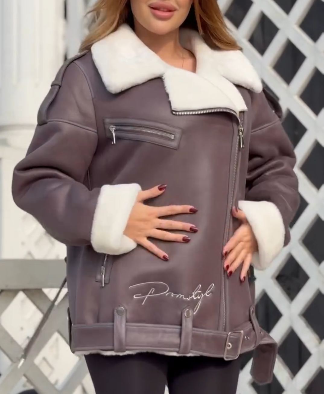 Fashion Lace-Up Full Shearling-Lined Moto Jacket