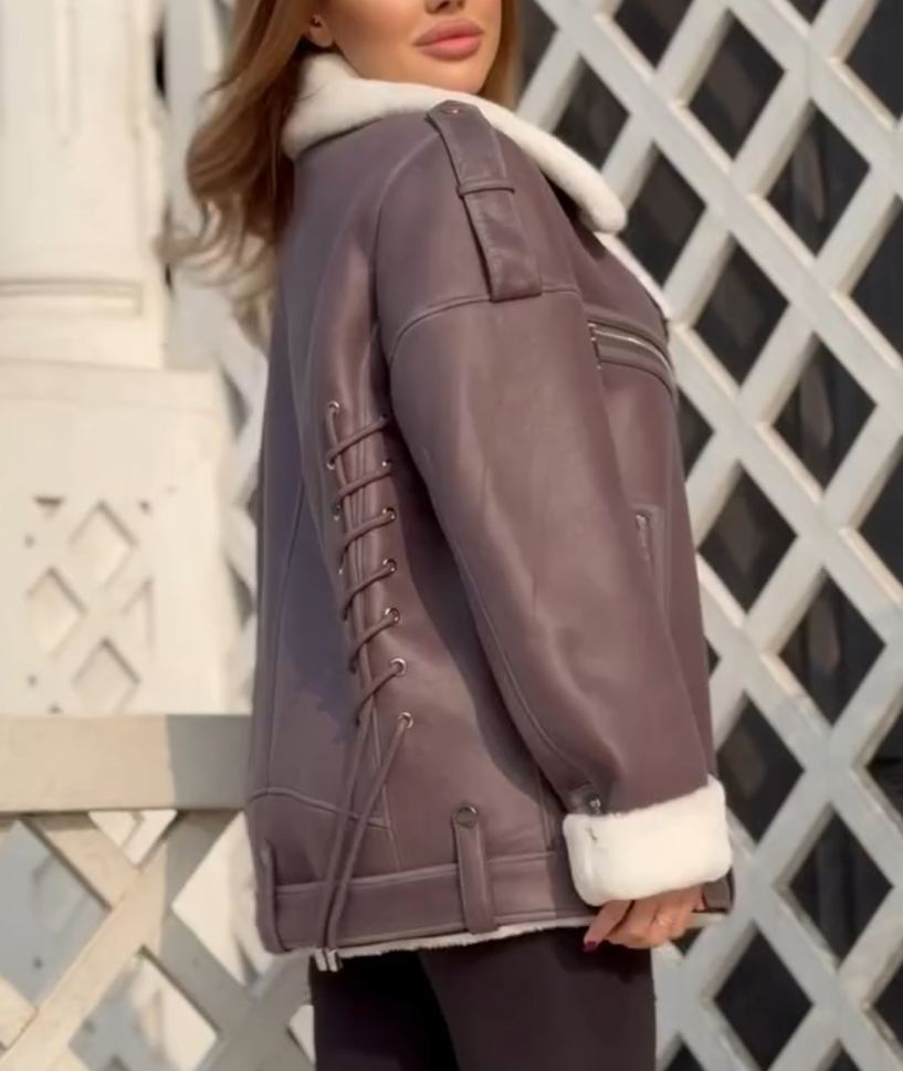 Fashion Lace-Up Full Shearling-Lined Moto Jacket