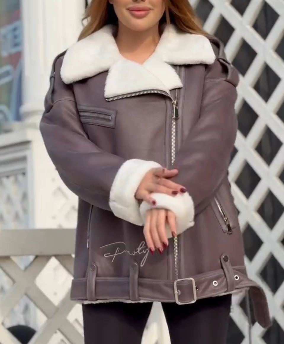 Fashion Lace-Up Full Shearling-Lined Moto Jacket