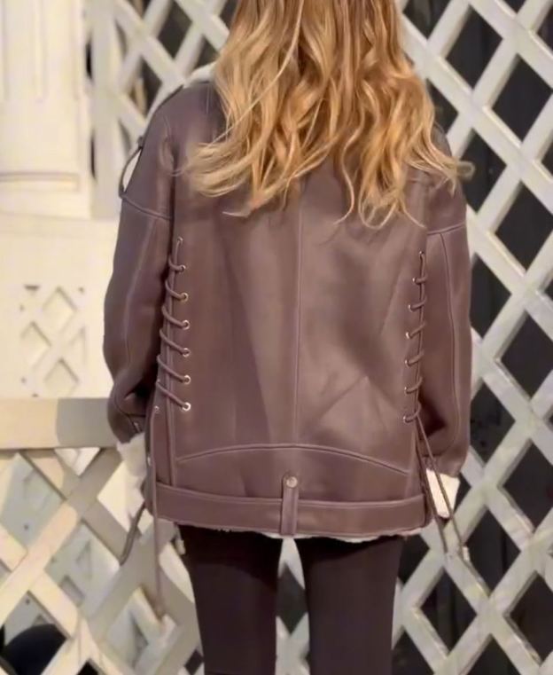 Fashion Lace-Up Full Shearling-Lined Moto Jacket