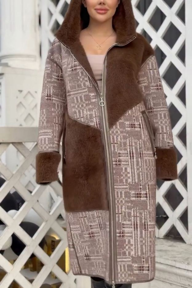 Full Shearling-Lined Geometric-Pattern Long Brown Coat