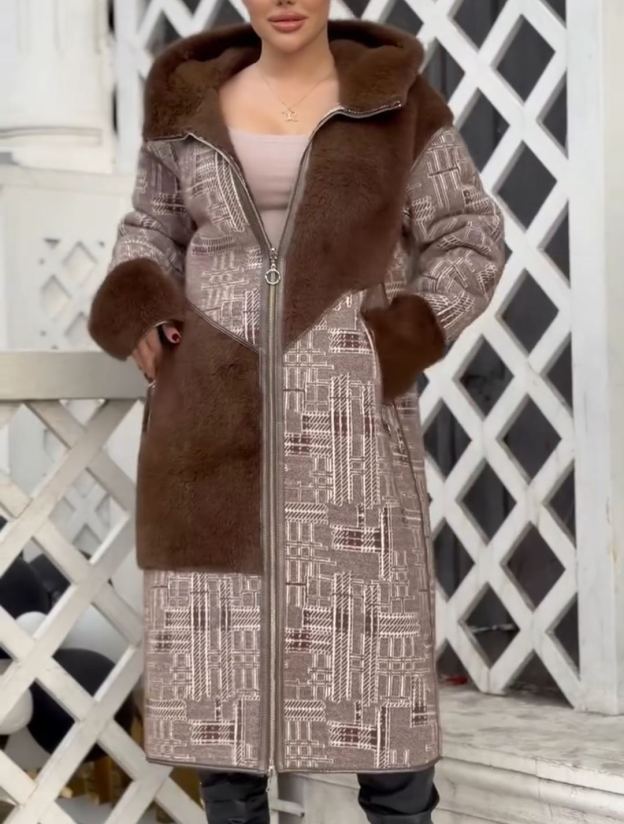 Full Shearling-Lined Geometric-Pattern Long Brown Coat