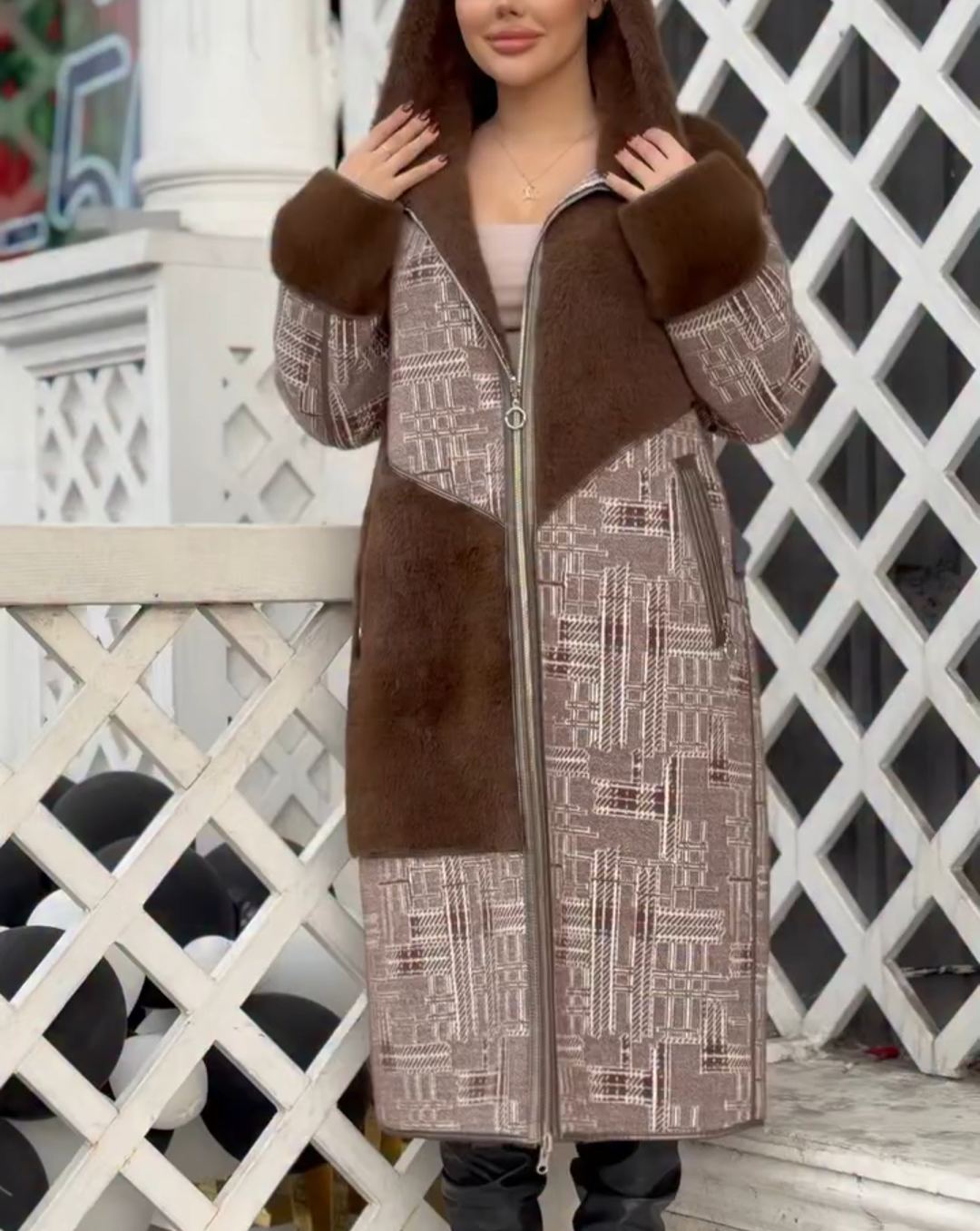 Full Shearling-Lined Geometric-Pattern Long Brown Coat
