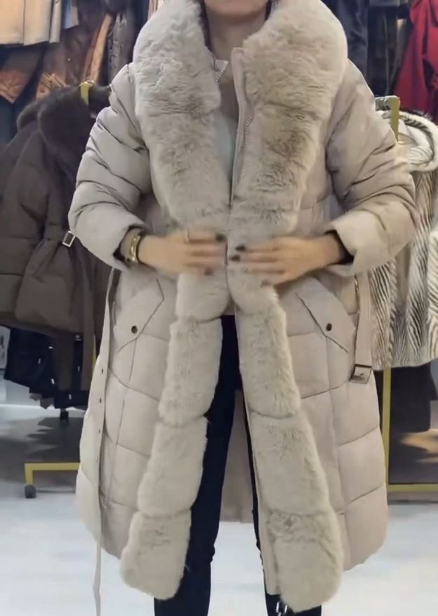 Luxury Detachable Shearling Scarf Beige Down Coat