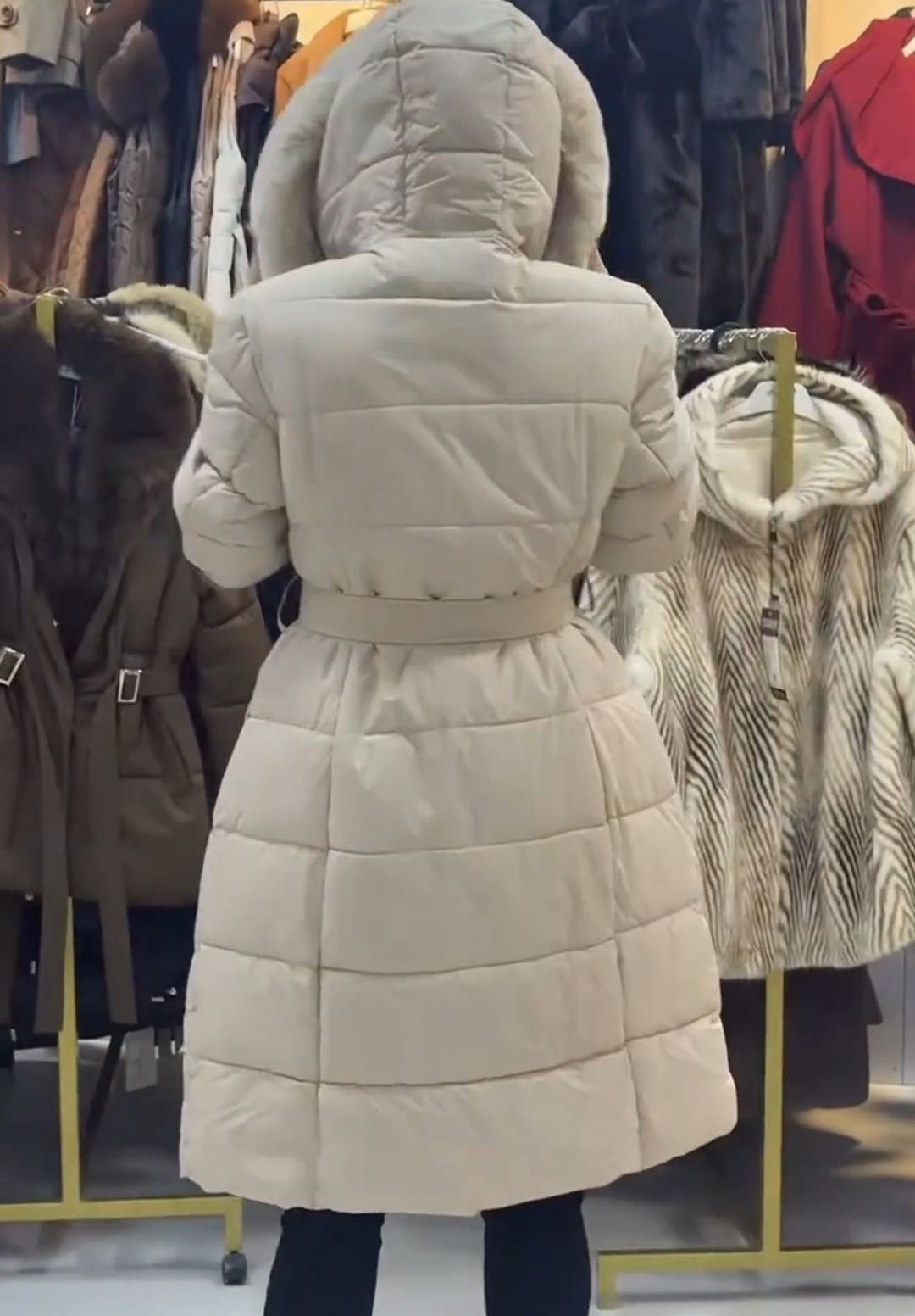 Luxury Detachable Shearling Scarf Beige Down Coat