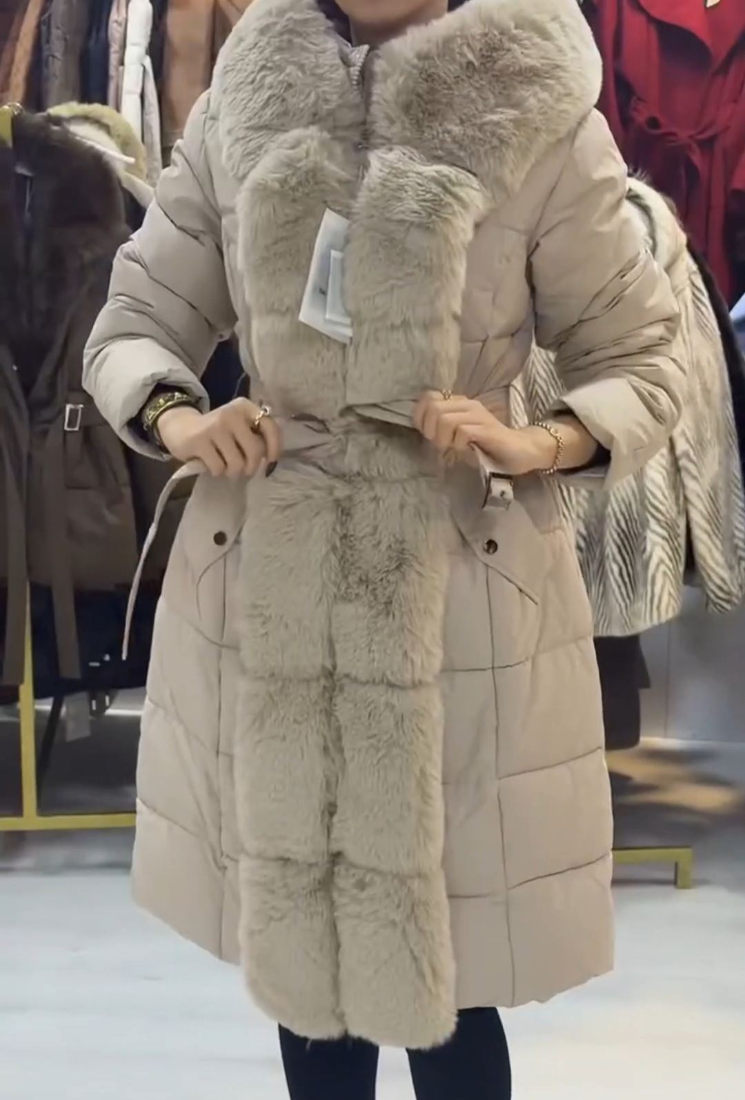 Luxury Detachable Shearling Scarf Beige Down Coat