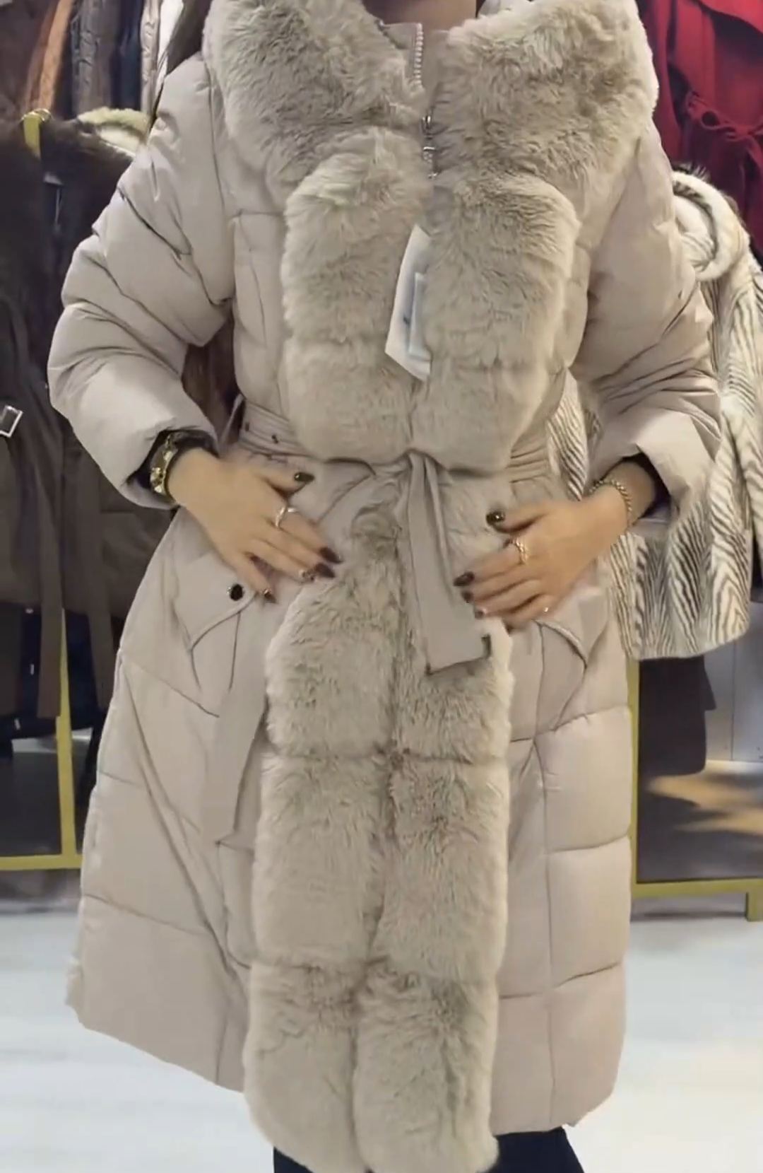 Luxury Detachable Shearling Scarf Beige Down Coat
