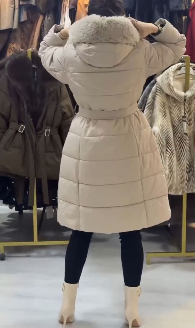 Luxury Detachable Shearling Scarf Beige Down Coat