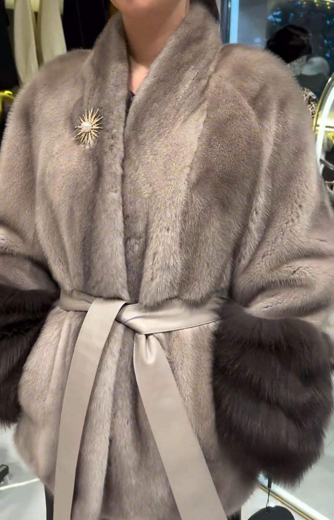 Light Luxury Brooch-Detail Gray Faux Fur Coat