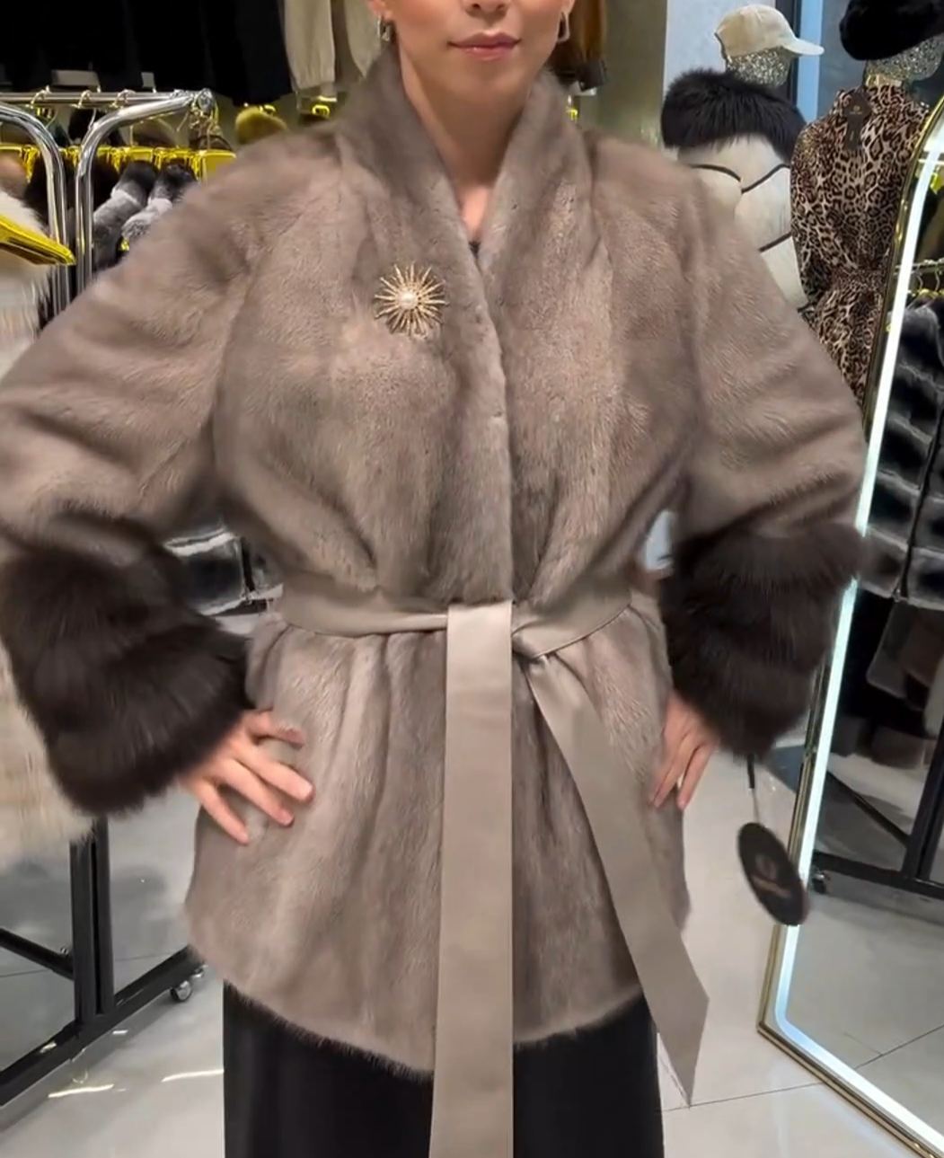 Light Luxury Brooch-Detail Gray Faux Fur Coat