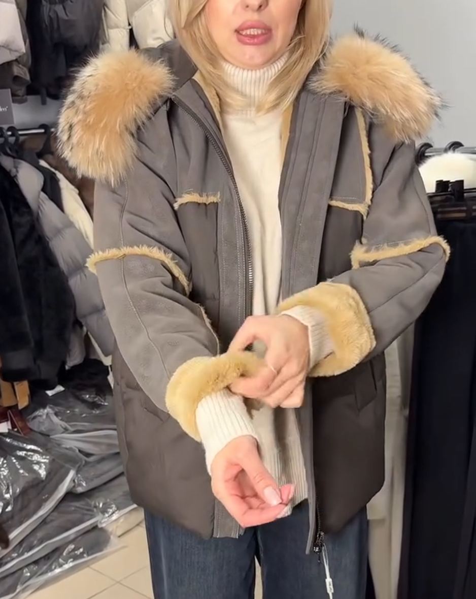 Fashion Suede-Like Fur-Detail Gray Parka