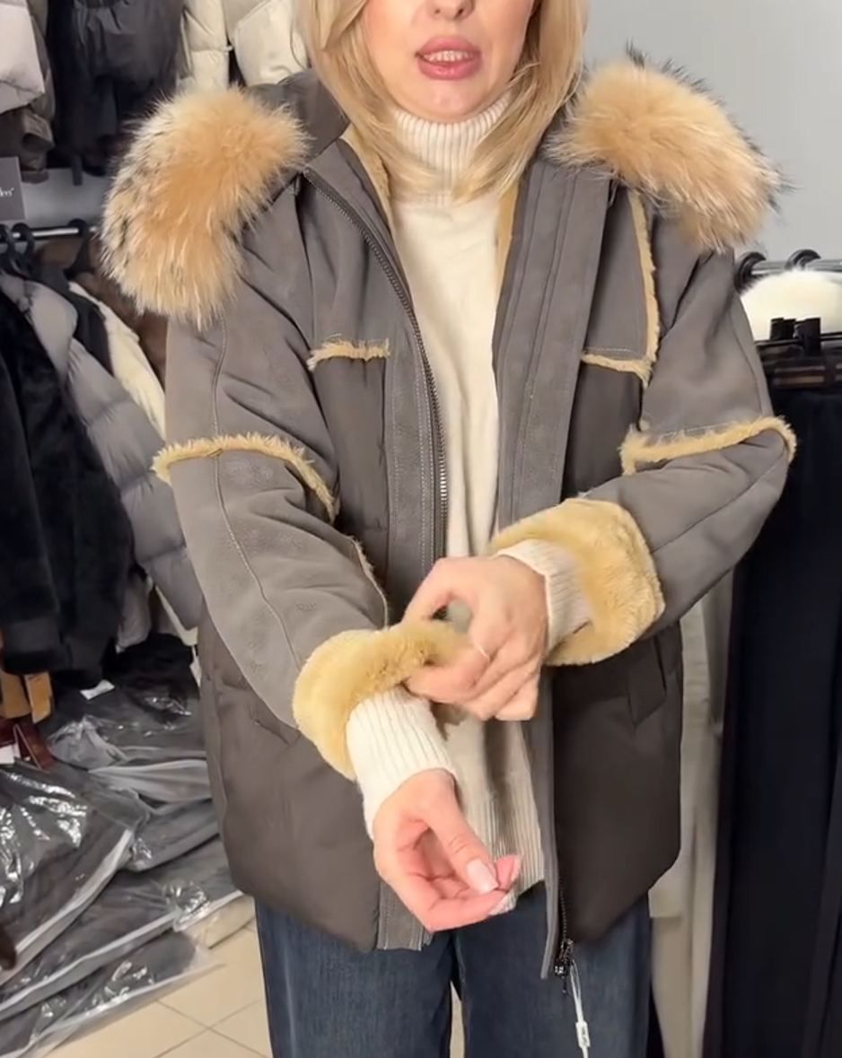 Fashion Suede-Like Fur-Detail Gray Parka