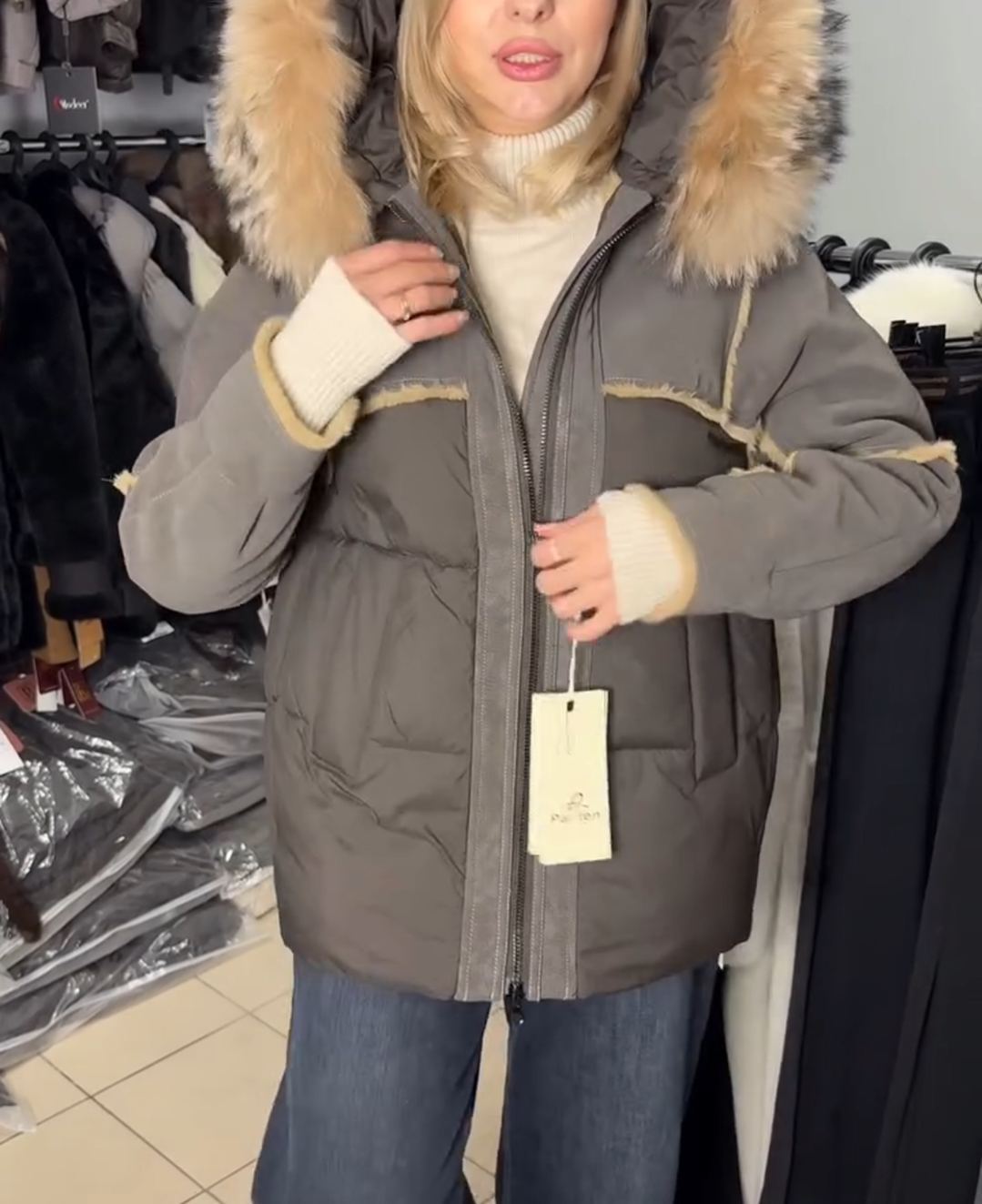 Fashion Suede-Like Fur-Detail Gray Parka