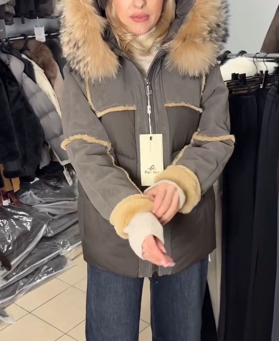 Fashion Suede-Like Fur-Detail Gray Parka