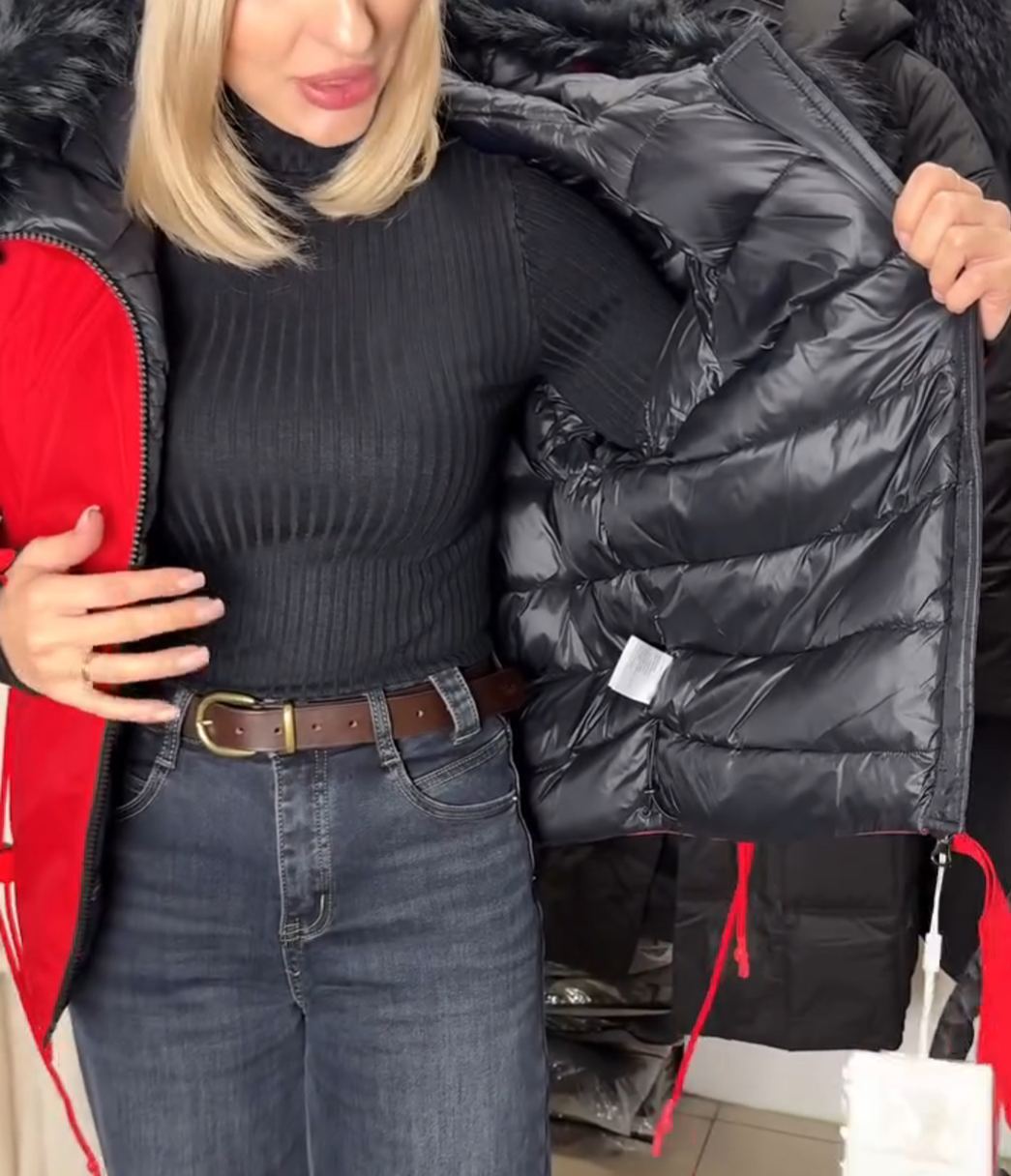 Two-Tone Fur-Hood Red & Black Parka