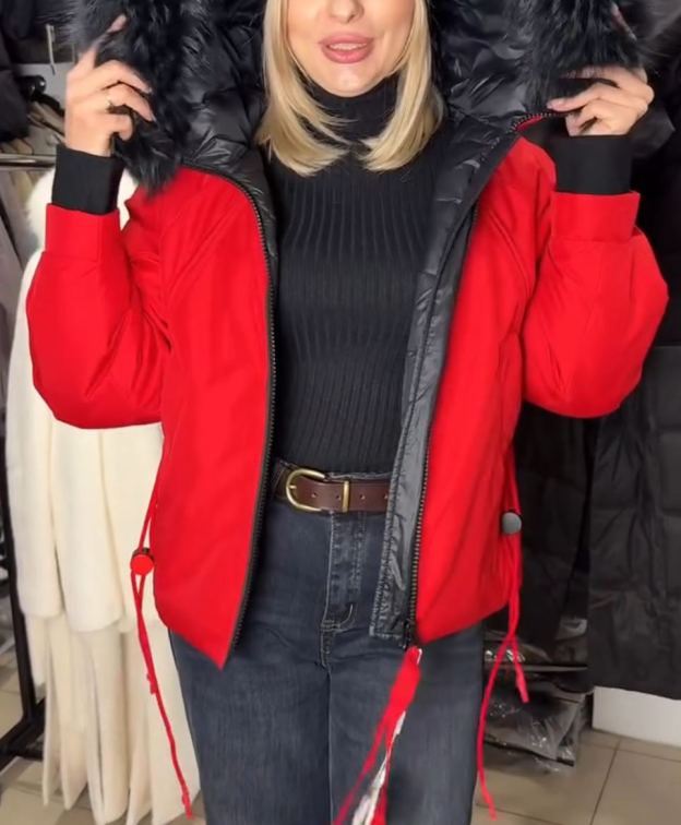 Two-Tone Fur-Hood Red & Black Parka