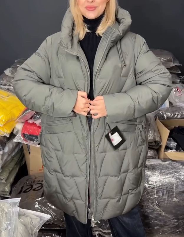 Diagonal-Quilted Sage Green Down Jacket