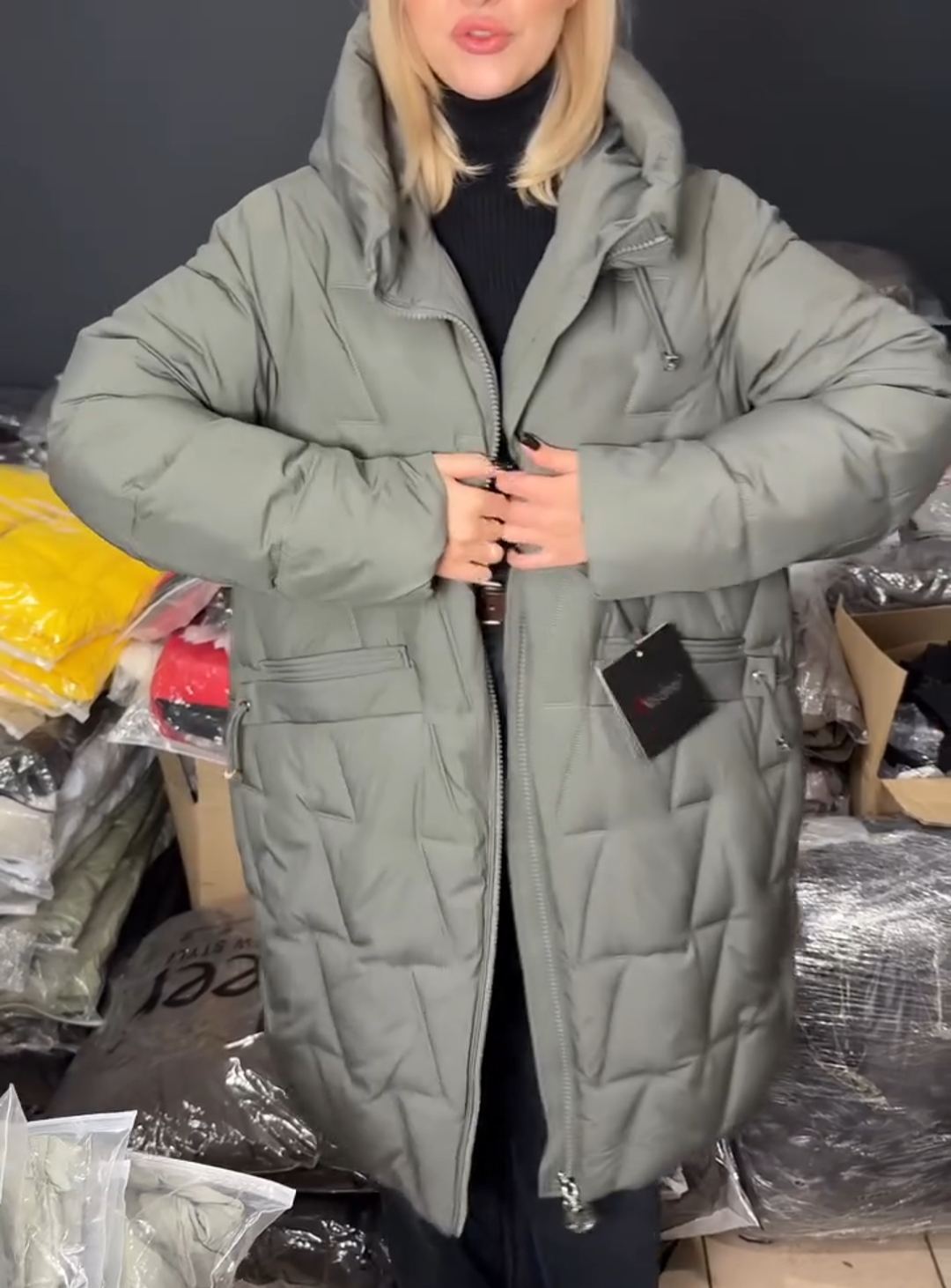 Diagonal-Quilted Sage Green Down Jacket