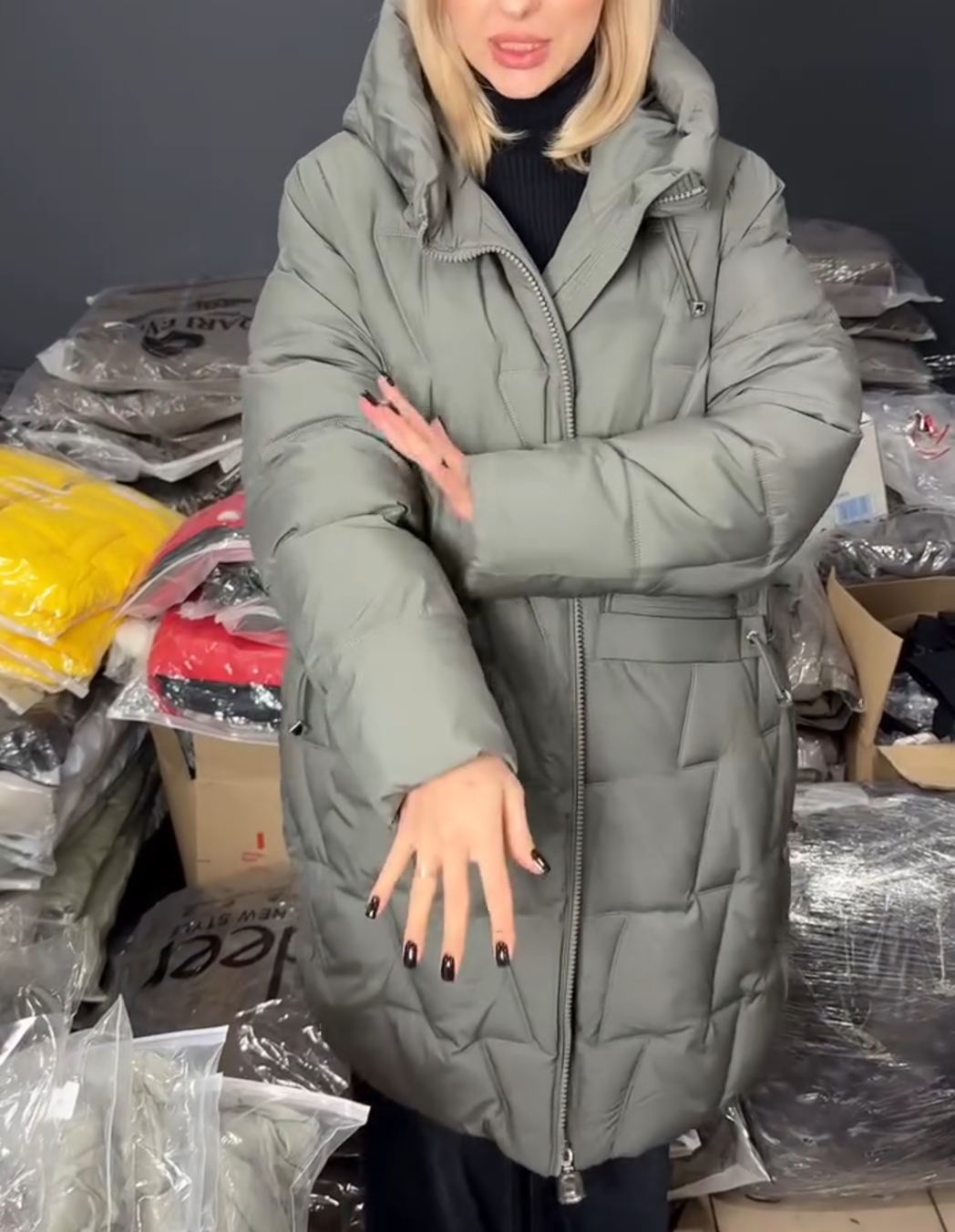 Diagonal-Quilted Sage Green Down Jacket