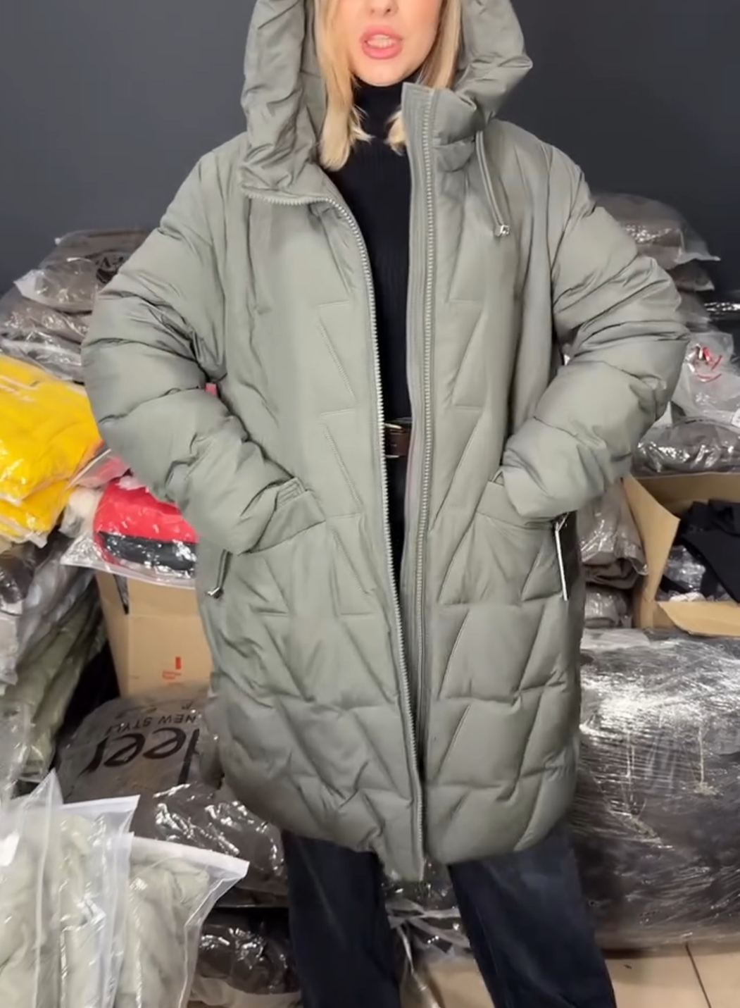 Diagonal-Quilted Sage Green Down Jacket