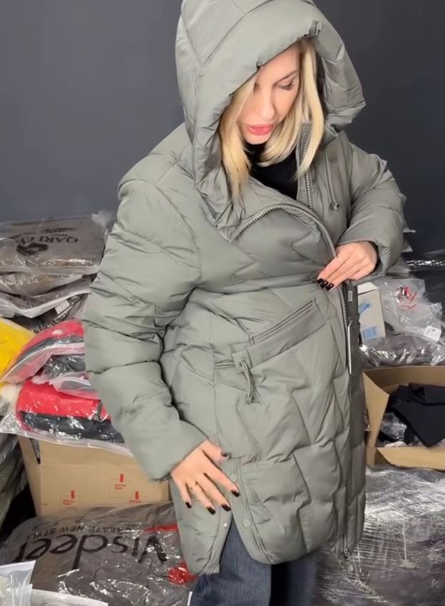 Diagonal-Quilted Sage Green Down Jacket