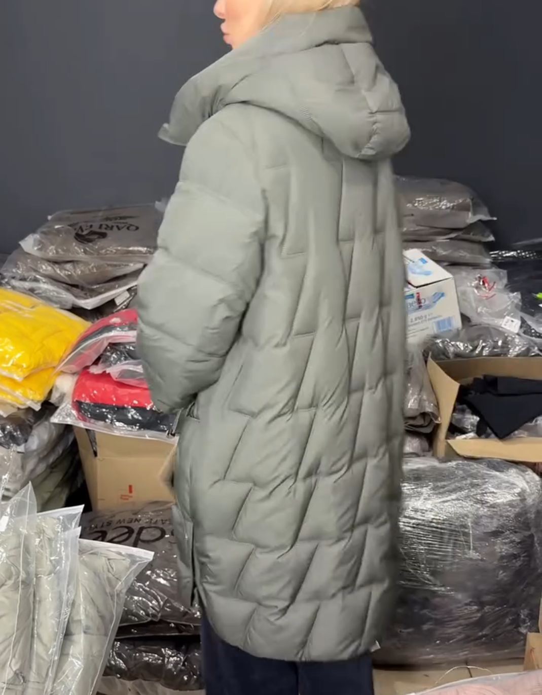 Diagonal-Quilted Sage Green Down Jacket