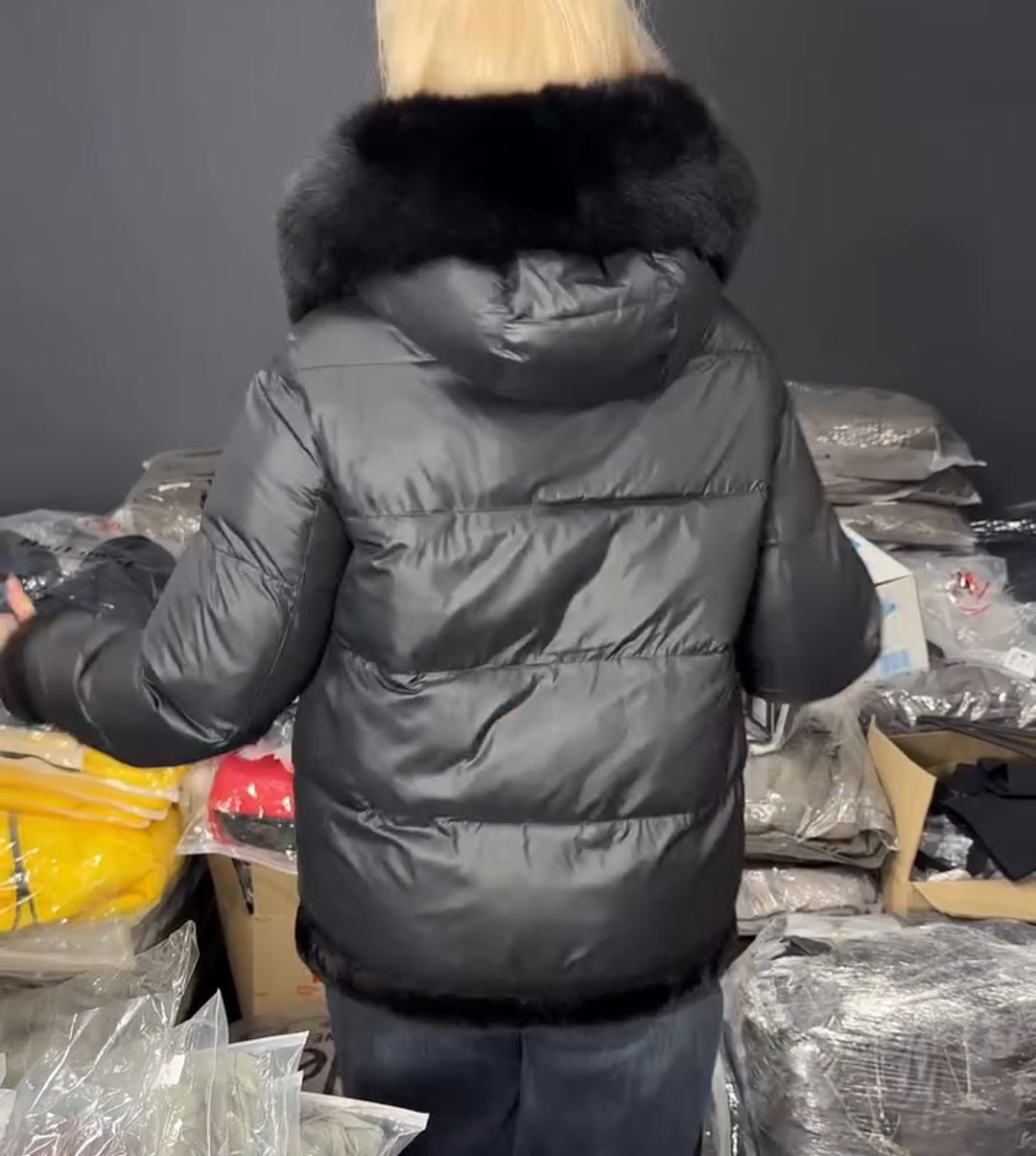 Shiny Fabric Fur-Trim Black Down Jacket