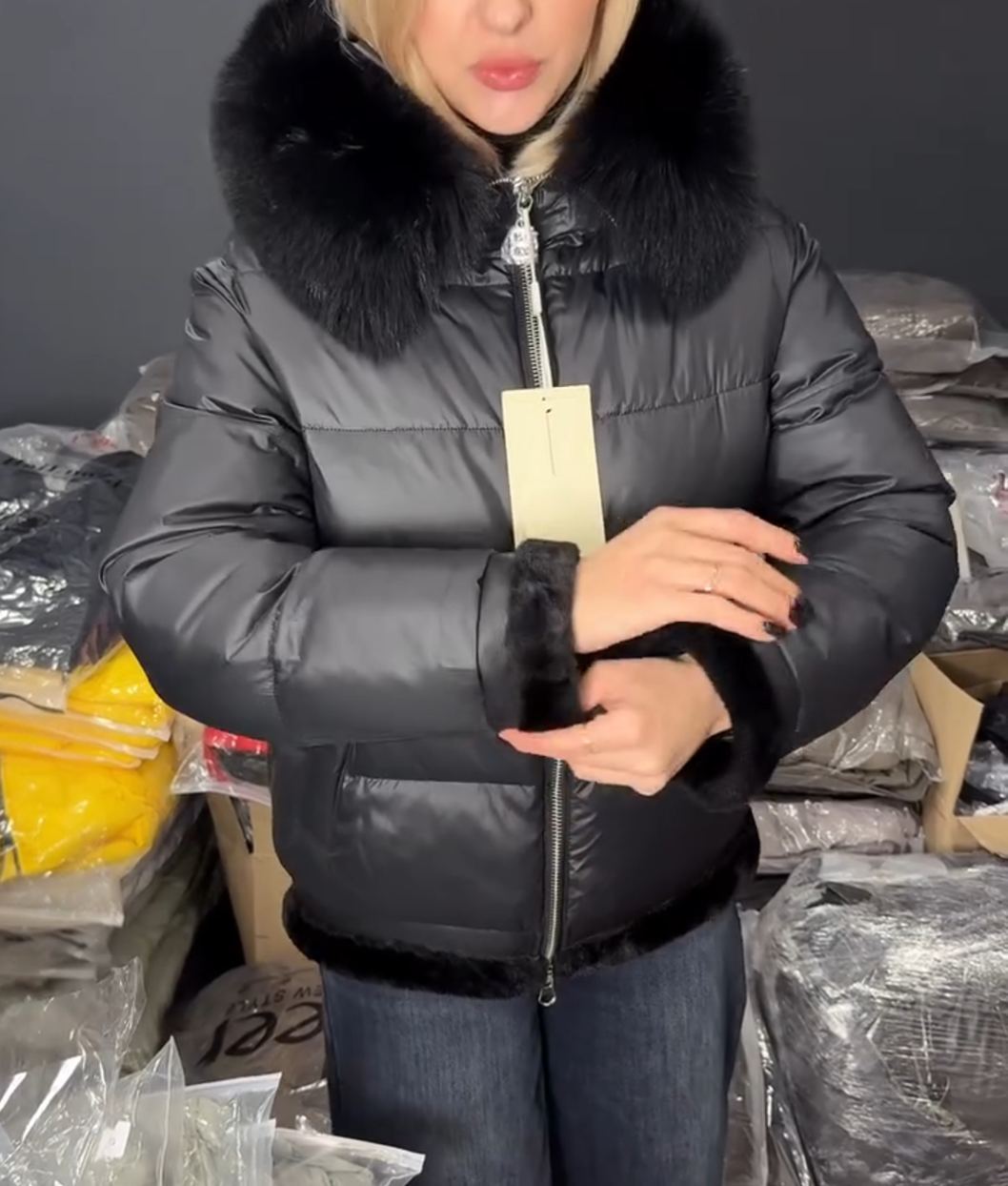 Shiny Fabric Fur-Trim Black Down Jacket