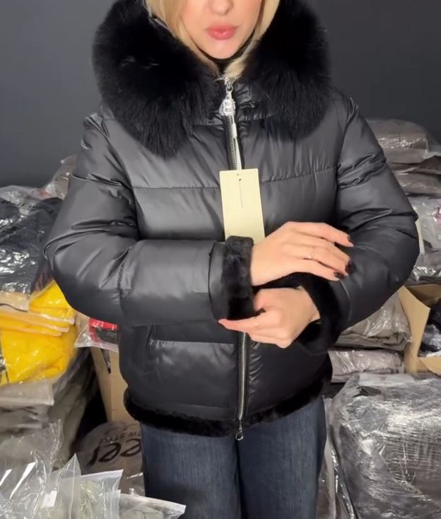 Shiny Fabric Fur-Trim Black Down Jacket