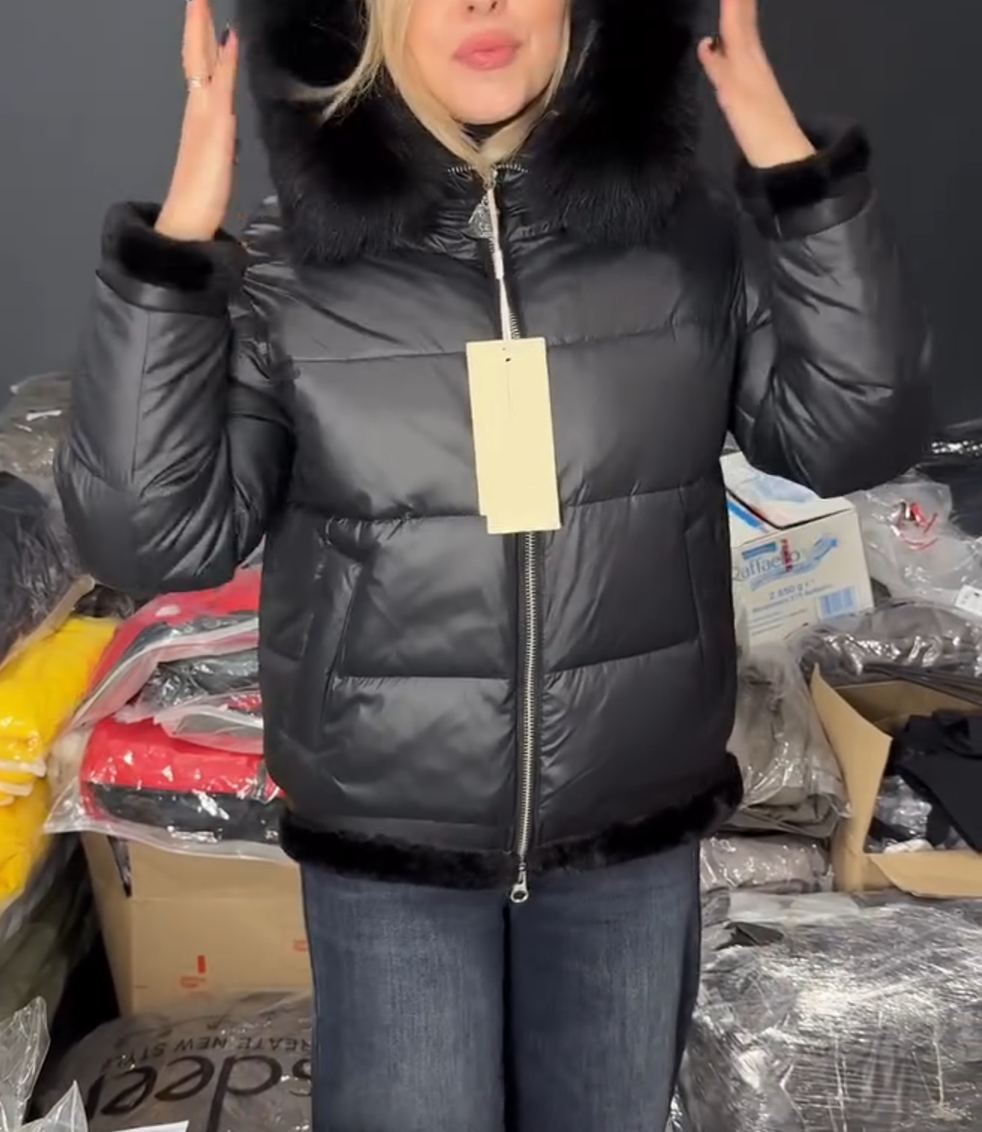 Shiny Fabric Fur-Trim Black Down Jacket