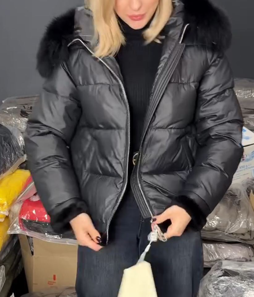 Shiny Fabric Fur-Trim Black Down Jacket