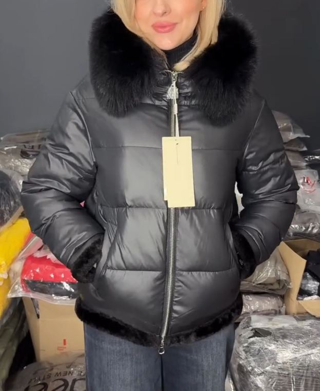 Shiny Fabric Fur-Trim Black Down Jacket